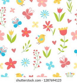 Floral vector seamless pattern. Cute flowers, butterflies and birds. Hand drawn flat cartoon elements. Kids illustration for fabric, surface, pack, wallpaper. Gentle spring background. 