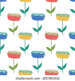 Floral vector seamless pattern. Cute delicate childish background with fabulous flowers. Trendy summer botanical print. Design for fashion, fabric, wallpaper.
