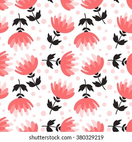 Floral vector seamless pattern of cute flowers and dots.
