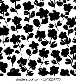 Floral vector seamless pattern with daisies. Hand drawn grunge pattern with silhouette flowers. Botanical ornament, ink illustration, leaves and branches. Tiny, simple doodle for textile, fabric