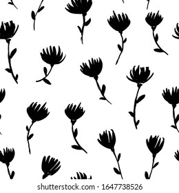 Floral vector seamless pattern with daisies. Hand drawn grunge pattern with silhouette flowers. Botanical ornament, ink illustration, leaves and branches. Tiny, simple doodle for textile, fabric