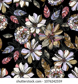 Floral vector seamless pattern with daisy, lilly, chrysanthemum graphic flowers. Romantic wedding style. For textile or book covers, design, graphic art, printing and hobby, invitation