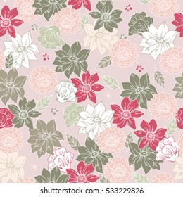 Floral vector seamless pattern with daisy, lilly, chrysanthemum graphic flowers of pale pink. For textile, book covers, manufacturing, fabric, cloth design, wallpapers, print