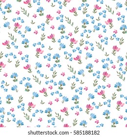 Floral vector seamless pattern with daisy, lilly, chrysanthemum graphic flowers of pale pink and blue. For textile, design, book and diary covers, wallpapers, print, gift packaging and scrapbook