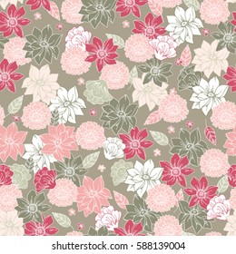 Floral vector seamless pattern with daisy, lilly, chrysanthemum graphic. Vintage background for textile, design, book and diary covers, wallpapers, print, gift packaging and scrapbook