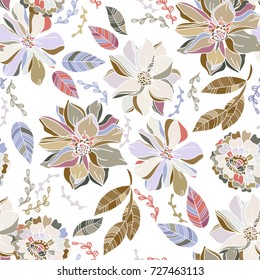 Floral vector seamless pattern with daisy, lilly, chrysanthemum graphic flowers. Romantic wedding style. For textile or book covers, design, graphic art, printing and hobby, invitation.