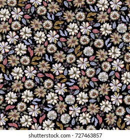Floral vector seamless pattern with daisy, lilly, chrysanthemum graphic flowers. Romantic wedding style. For textile or book covers, design, graphic art, printing and hobby, invitation.
