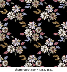 Floral vector seamless pattern with daisy, lilly, chrysanthemum graphic flowers. Romantic wedding style. For textile or book covers, design, graphic art, printing and hobby, invitation