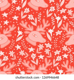Floral vector seamless pattern with deer head. Perfect for textiles, home decor, womens fashion, gift wrapping paper and stationery.