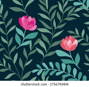 Floral vector seamless pattern. Delicate botanical wallpaper. Repeatable background with leaves.