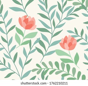 Floral vector seamless pattern. Delicate botanical wallpaper. Repeatable background with leaves.