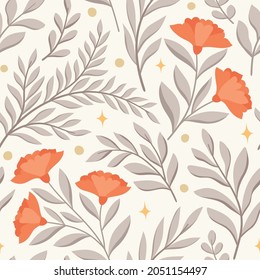 Floral vector seamless pattern. Delicate botanical wallpaper. Repeatable background with leaves.