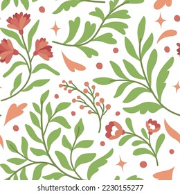Floral vector seamless pattern. Delicate botanical wallpaper. Repeatable background with leaves and flowers