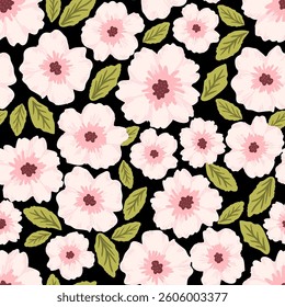 Floral vector seamless pattern. Delicate pink flowers, green leaves on a black background. For fabric prints, textile products, clothing.