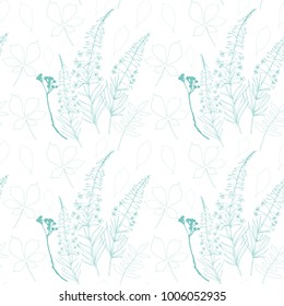Floral vector seamless pattern with different hand drawn leaves, wild flowers and plants