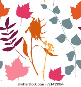 Floral vector seamless pattern with different hand drawn leaves, wild flowers and plants