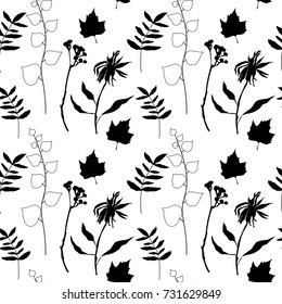 Floral vector seamless pattern with different hand drawn leaves, wild flowers and plants