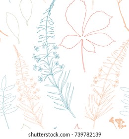 Floral vector seamless pattern with different hand drawn leaves, wild flowers and plants