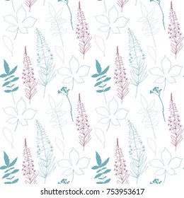 Floral vector seamless pattern with different hand drawn leaves, wild flowers and plants