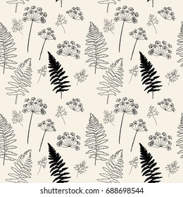 Floral vector seamless pattern with dill flowers and fern leaves. Simple hand drawn leaves and flowers outlines with worn out texture.