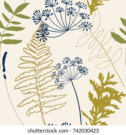 Floral vector seamless pattern with dill and lavender flowers, fern leaves and evergreen pine tree branches.