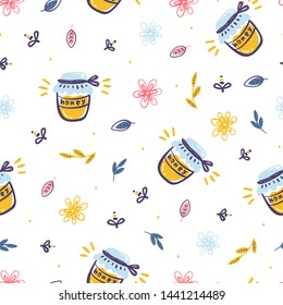 Floral Vector Seamless Pattern with Doodle Honey Jar, Bees, Leaves and Flowers. Honey Harvest Background Background