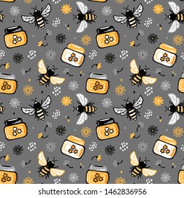 Floral Vector Seamless Pattern with Doodle Honey Jar, Bees and Flowers. Honey Harvest Background Background