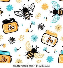 Floral Vector Seamless Pattern with Doodle Honey Jar, Bees and Flowers. Honey Harvest Background