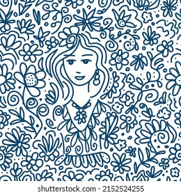 Floral vector seamless pattern in doodle style. Beautiful young woman, floral ornament. For fabric prints, packaging, decor. Blue white colors.
