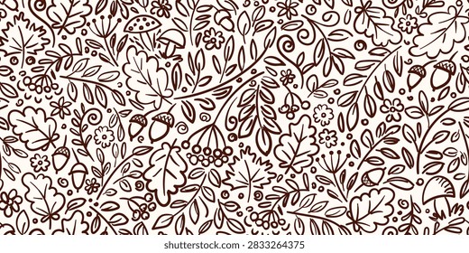 Floral vector seamless pattern in a doodle style. Rowan berries, twigs and oak leaves, dry foliage, acorns and mushrooms. Brown outline on a beige background. Nature, forest. Autumn season, leaf fall.