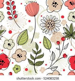 Floral vector seamless pattern. Doodle style flowers, spring floral background. Endless pattern for wallpaper, pattern fills, web page background, surface textures