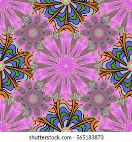 Floral vector seamless pattern with dots (tiling). Pink, white and blue shabby color. Endless texture can be used for printing onto fabric and paper or scrap booking. Flower abstract shape.