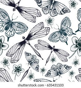 Floral vector seamless pattern with dragonfly and butterflies. Herbal. Pastel Flowers background.