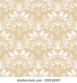 Vector floral sin fisuras al estilo de Europa del Este. Aves y flores de fondo claro