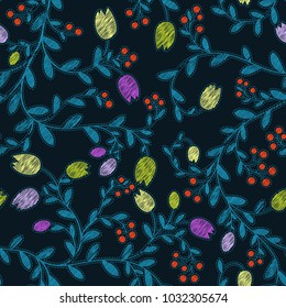 Floral Vector Seamless Pattern. Embroidery imitation, endless illustration. Can be used for wallpaper, website background, textile, greeting cards, wedding invitation, wrapping, book cover, printing