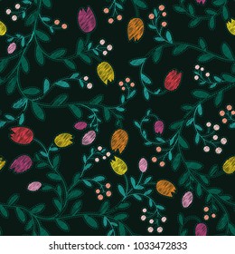 Floral Vector Seamless Pattern. Embroidery imitation, endless illustration. Can be used for wallpaper, website background, textile, greeting cards, wedding invitation, wrapping, book cover, printing