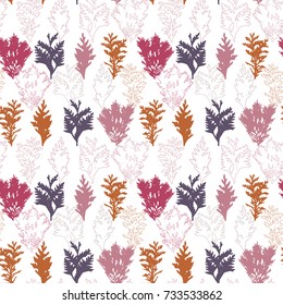 Floral vector seamless pattern with evergreen fur or pine tree twigs and branches on white background.