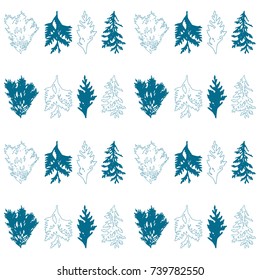 Floral vector seamless pattern with evergreen fur or pine tree twigs and branches on white background.