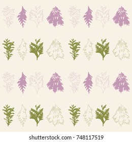 Floral vector seamless pattern with evergreen fur or pine tree twigs and branches on white background.
