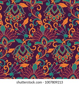 Floral vector seamless pattern. Fantastic flower, leaves. Textile bohemian print. Batik painting. Vintage