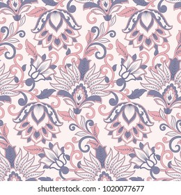 Floral vector seamless pattern. Fantastic flower, leaves. Textile bohemian print. Batik painting. Vintage