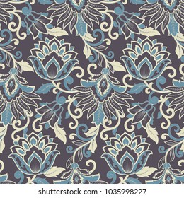 Floral vector seamless pattern. Fantastic flower, leaves. Textile bohemian print. Batik painting. Vintage