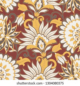 Floral vector seamless pattern. Fantastic flower, leaves. Textile bohemian print. Batik painting. Vintage