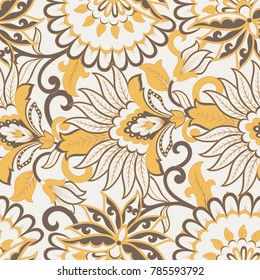 Floral vector seamless pattern. Fantastic flower, leaves. Textile bohemian print. Batik painting. Vintage