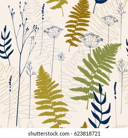 Floral vector seamless pattern with fern leaves, dill or fennel flowers and meadow grasses outlines.Thin lines  silhouettes in dark blue and green colors on beige background
