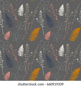 Floral vector seamless pattern with fern leaves, shepherd's purse plant , chestnut tree leaves and chicory flowers