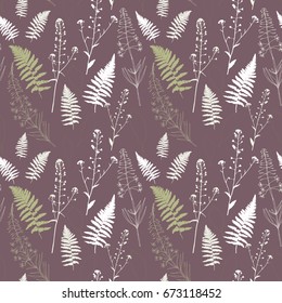 Floral vector seamless pattern with fern leaves, shepherd's purse plant and fireweed flowers.