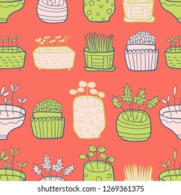 Floral vector seamless pattern. Fflowers in pots design, perfect for textiles, home decor, womens fashion, gift wrapping paper and stationery.