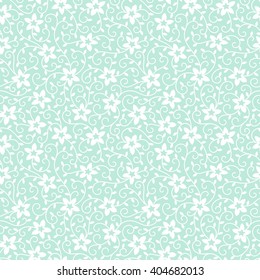 Floral vector seamless pattern with five-pointed flowers, tendrils and leaves. White ornamentation on mint green background. Simple floral texture.