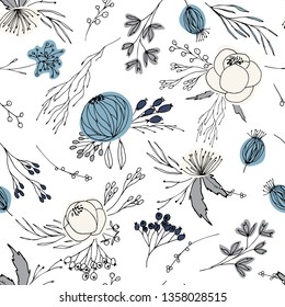 Floral vector seamless pattern with  flowers, berries, leaves and twigs. Beautiful hand drawn bouquets in pastel colors in vintage style.
